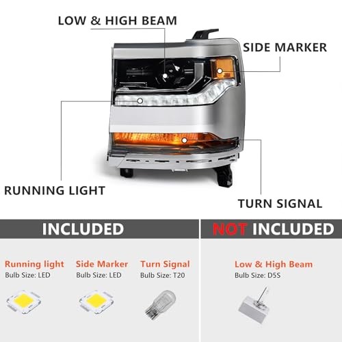 Headlight Assembly Compatible with Chevy Silverado 1500 2016 Left Driver Side