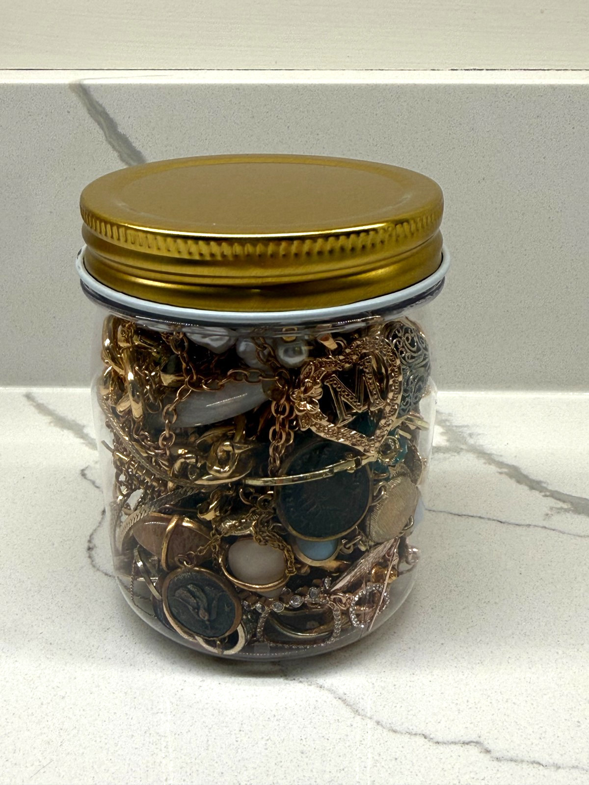 Mystery Jewelry Jar 8 oz – Gold Tone, Blue & Pearl Accents, Wearable Lot