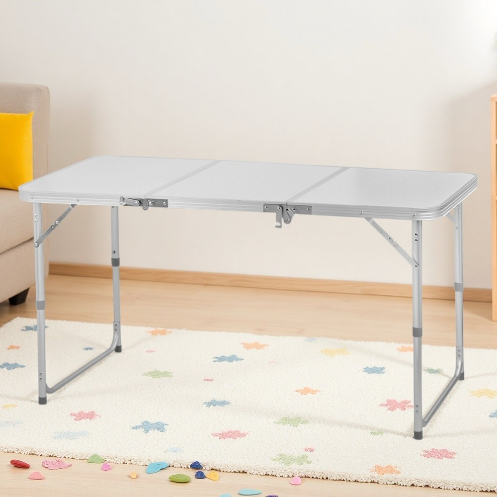 Folding Camping Table 4ft - Adjustable 3-Fold Patio Picnic Aluminum Frame White
