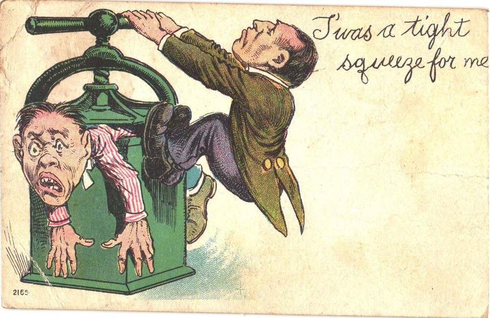 T'was a Tight Squeeze For Me Man Inside A Machine Comic Postcard