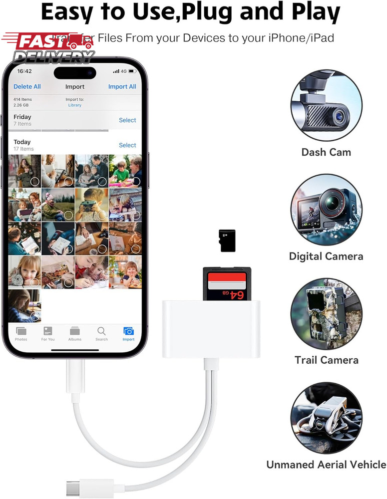 SD Card Reader for Iphone Ipad Camera with USB C, Dual Card Slot USB 3.0 Memory