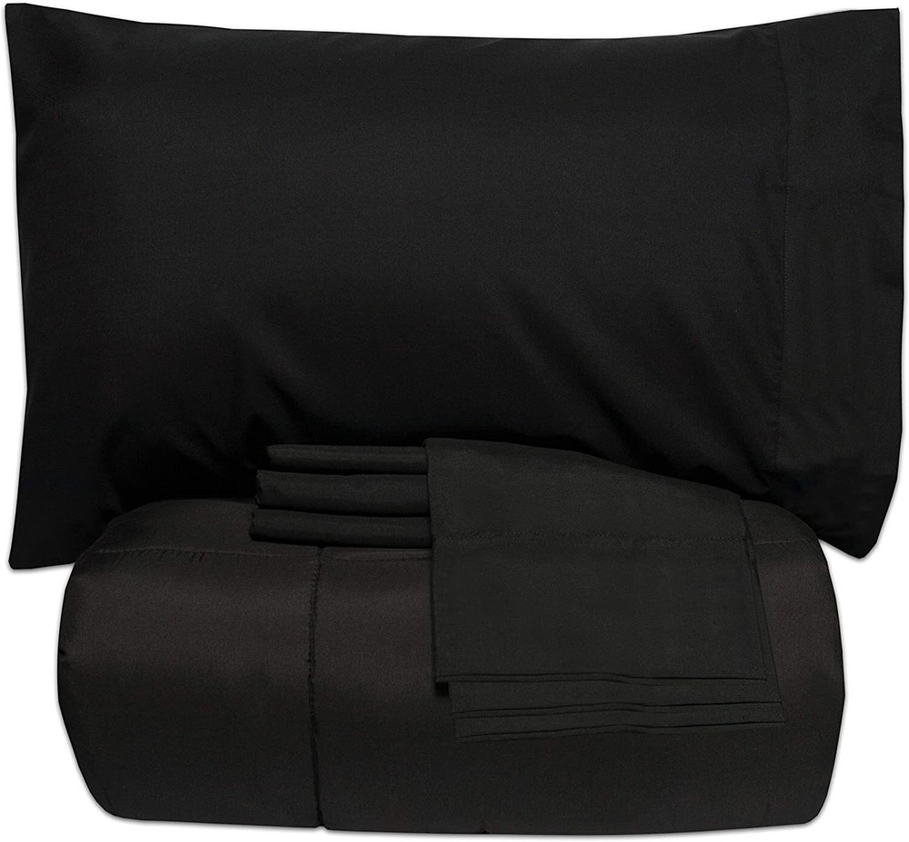 7 Piece Bed-In-A-Bag Solid Comforter & Sheet Set, Deep Rich Black, Queen - NEW