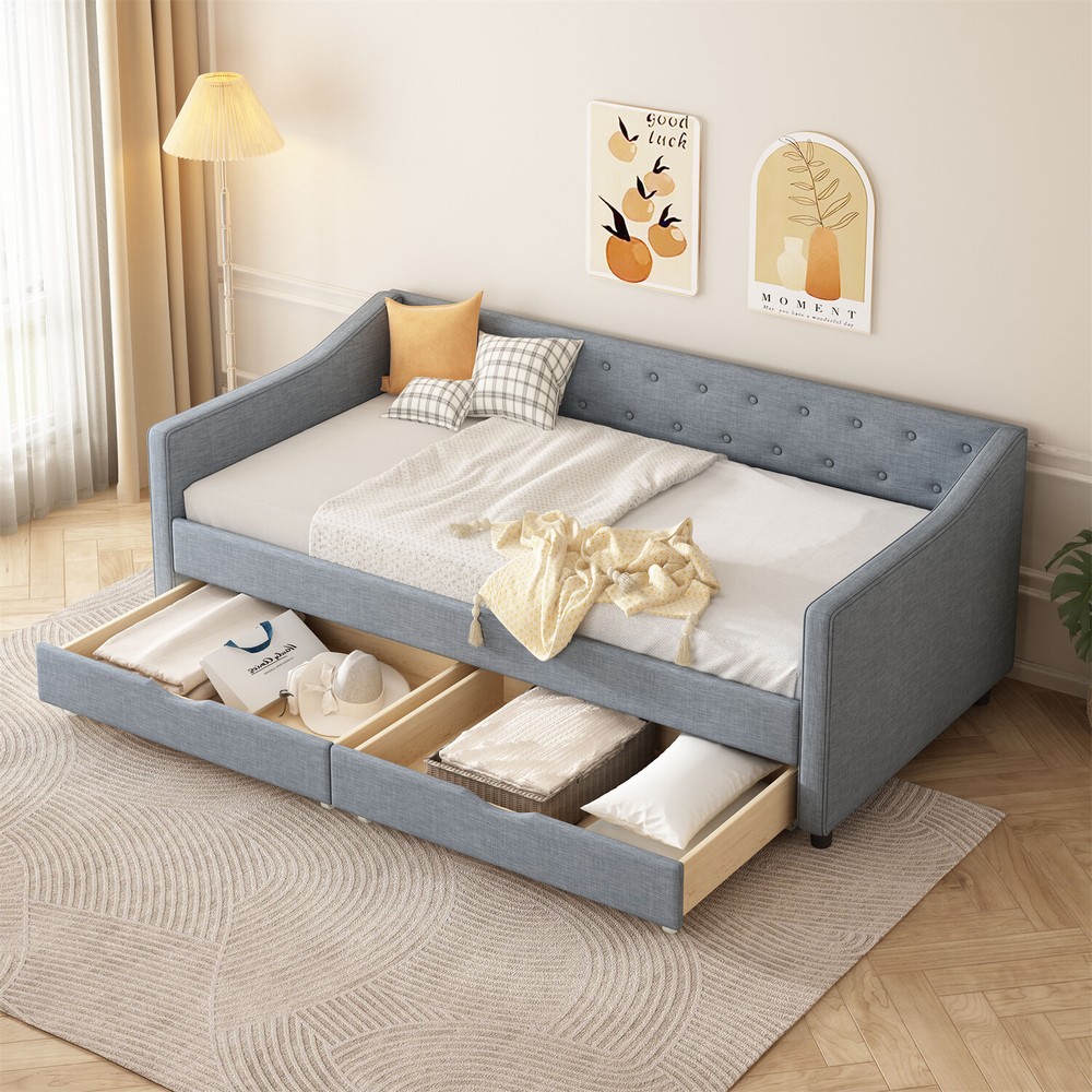 Twin Size Daybed Upholstered Bed Frame Sofa Bed with 2 Storage Drawer US
