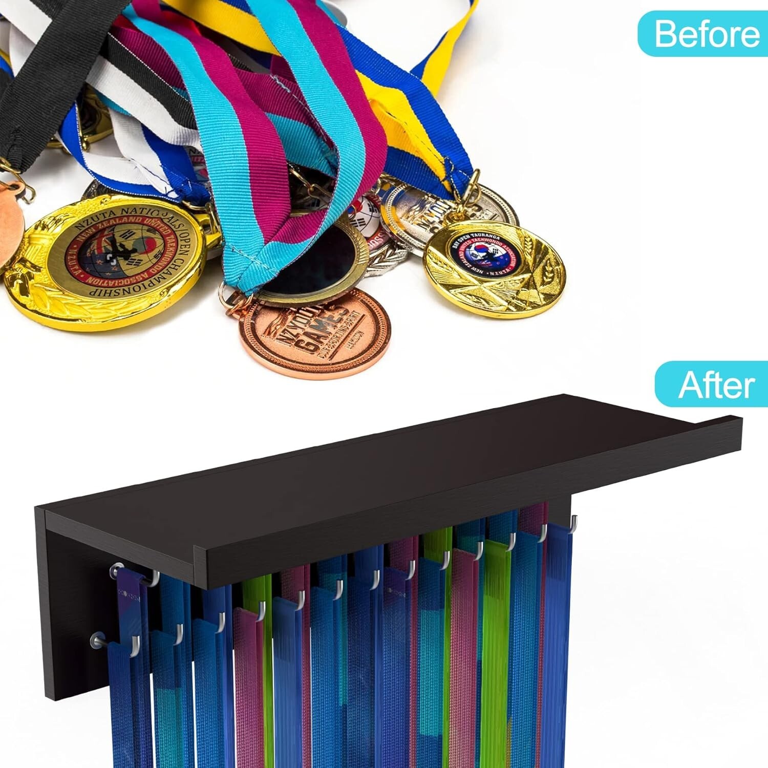 Medal Hanger Display, Non-Slip Trophy Shelf with 25 Hooks, Wall Mount Ribbon Med
