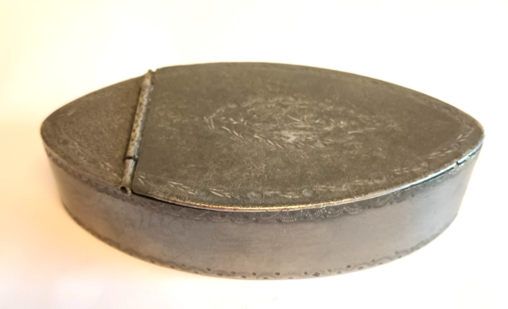 Antique Pewter Snuff Box Hinged Monogram Etched Decorated