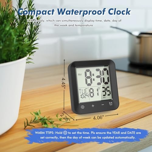 Waterproof Shower Clock Timer, Bathroom Clock with Countdown, Touch Black