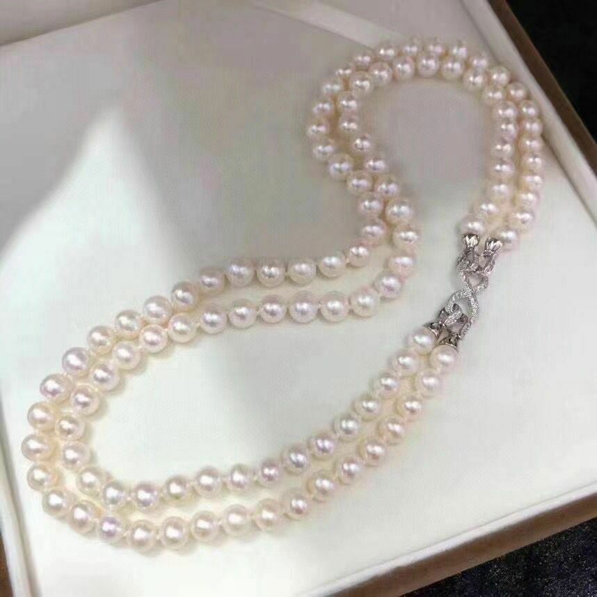 20 inch Double strands AAA++ 7-8mm natural Akoya white pearl necklace 925S