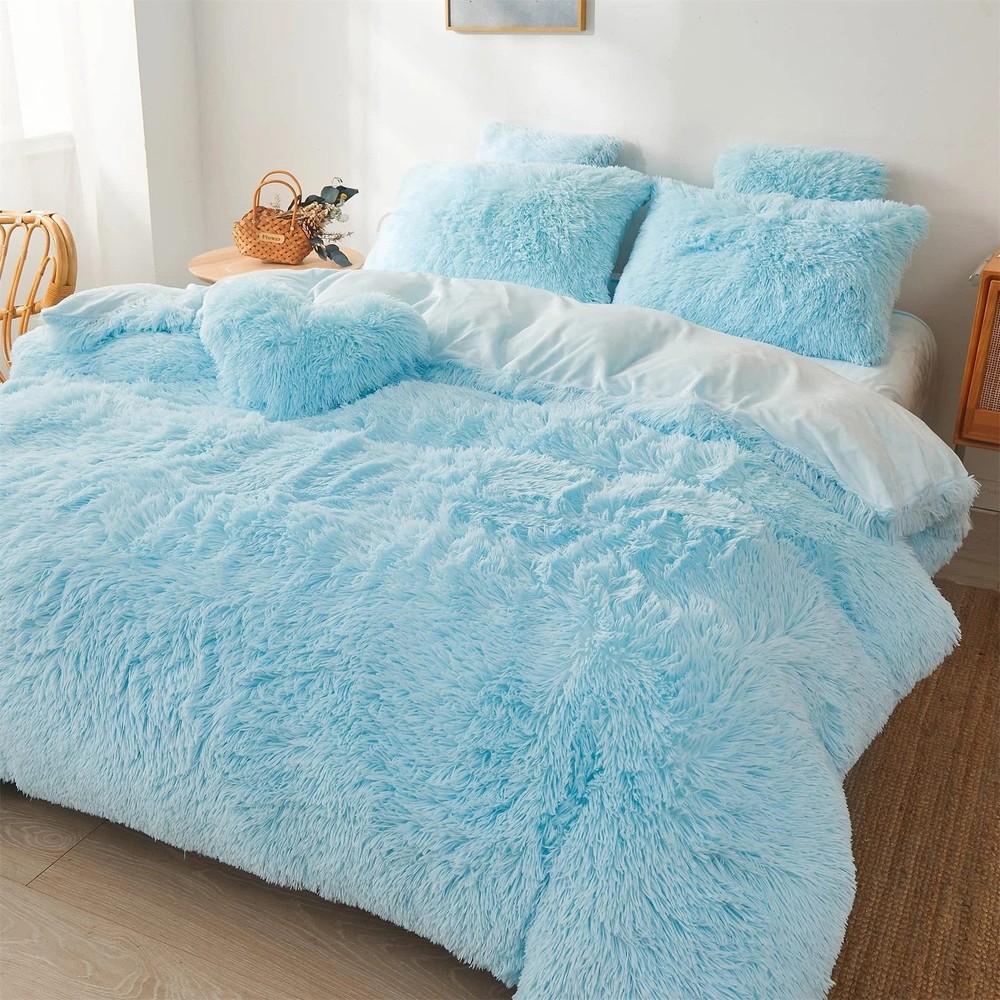 Fluffy Blue Comforter Cover Set Queen - Ultra Soft Plush Blue Bedding Sets 3 ...