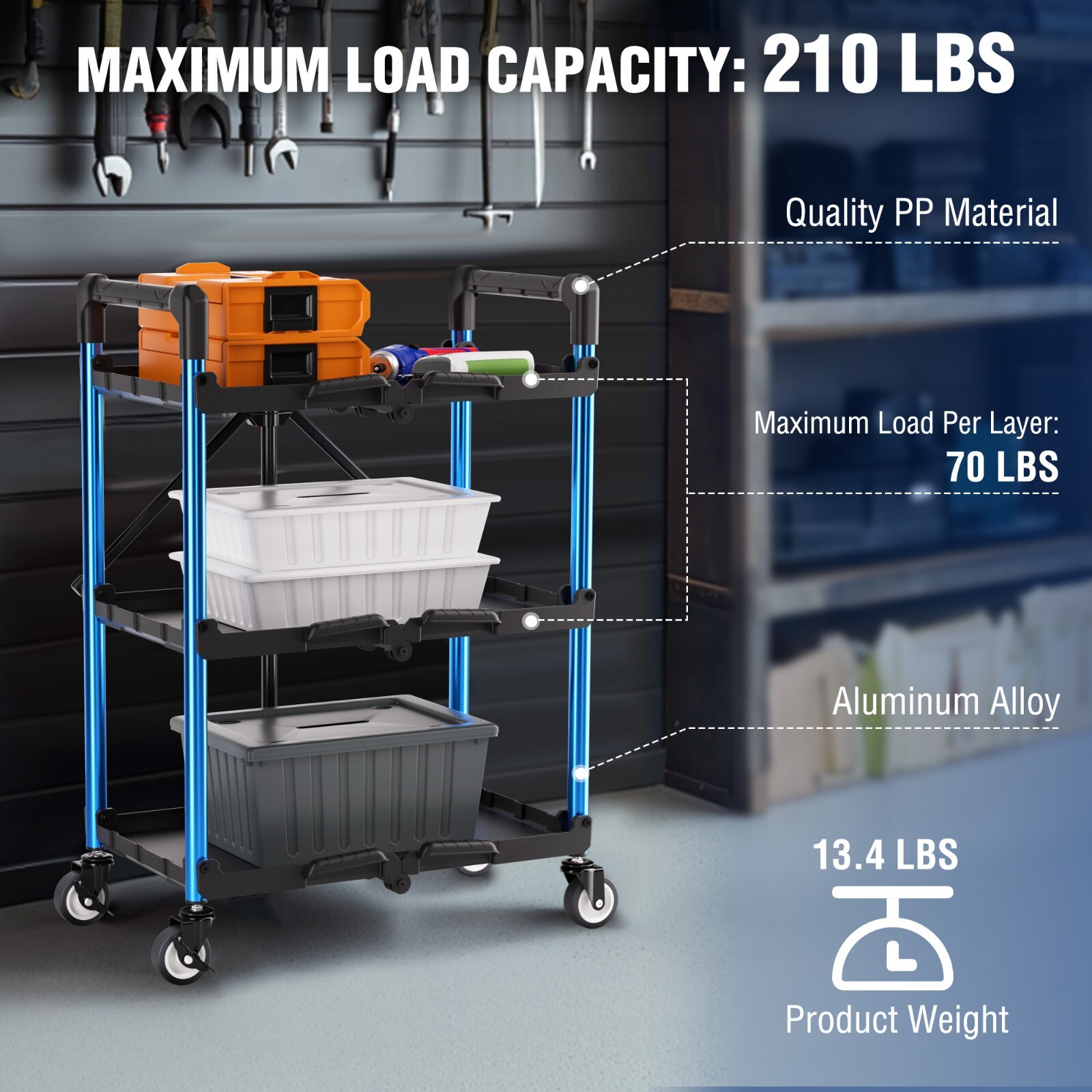 WORKPRO 3-Tier Collapsible Service Cart, 210 LBS Foldable with Wheels Aluminum