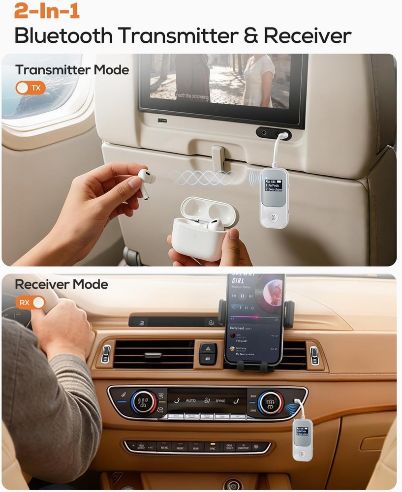 Nulaxy 2-in-1 Bluetooth Transmitter Receiver with Screen [Shows Battery