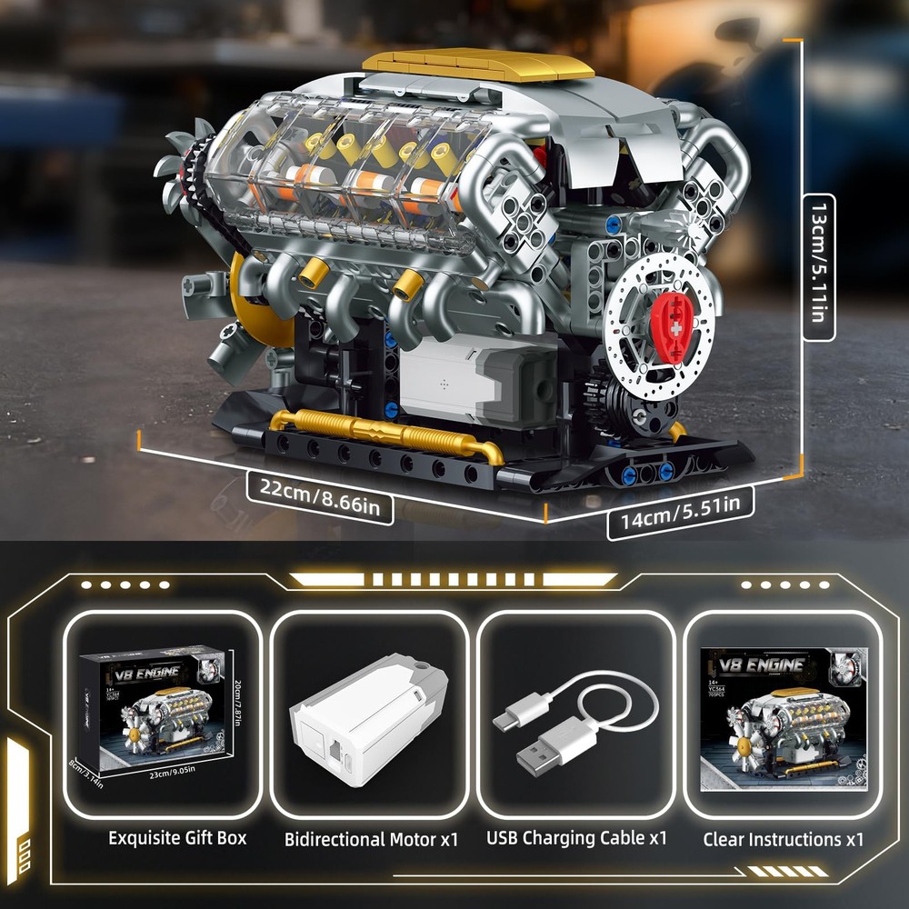 Engine Model Kit V8 Engine Runs Mini Visible Car Motor 703 PCS 14+