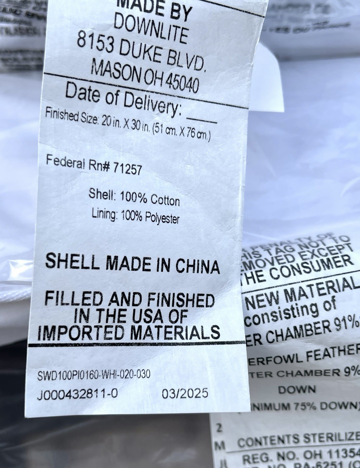 Two DOWNLITE Feather Down Hospitality PC10003 5/95 Soft/Medium 230 Thread