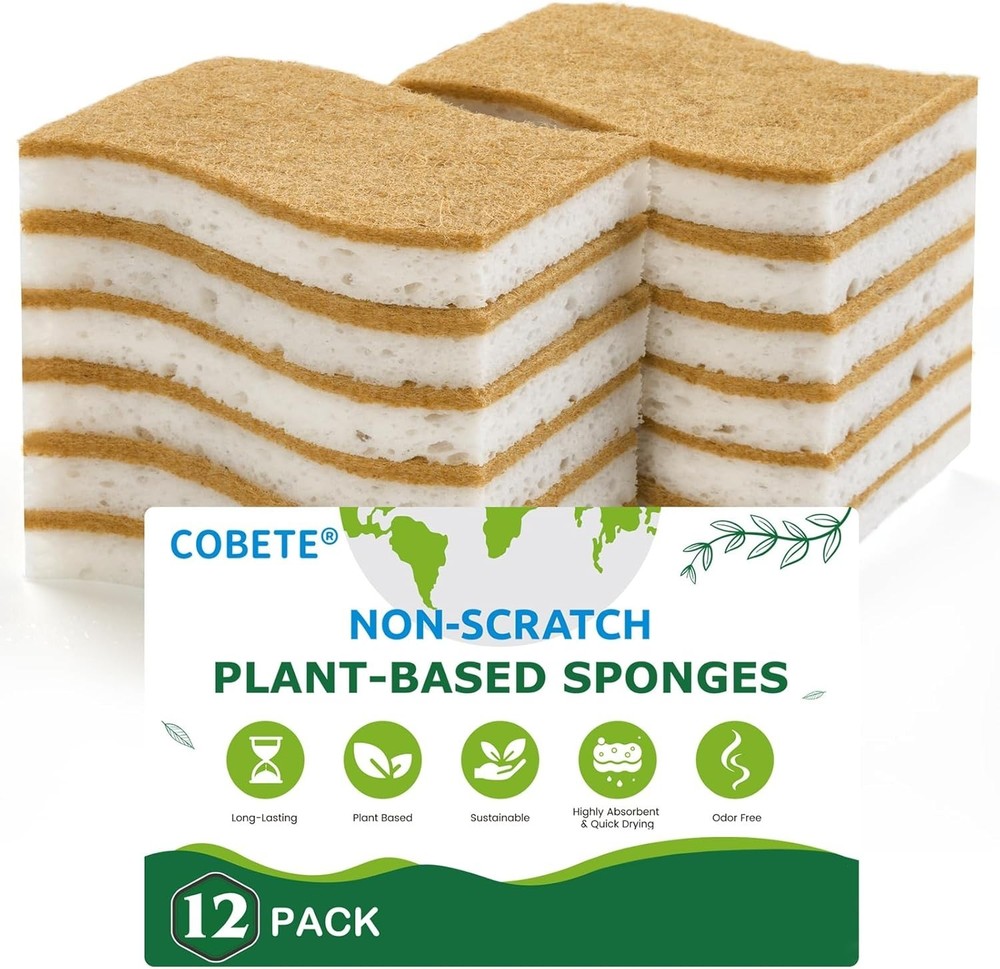 12 Pack Biodegradable Kitchen Sponges Non-Scratch Plant-Based Coconut Cellulose
