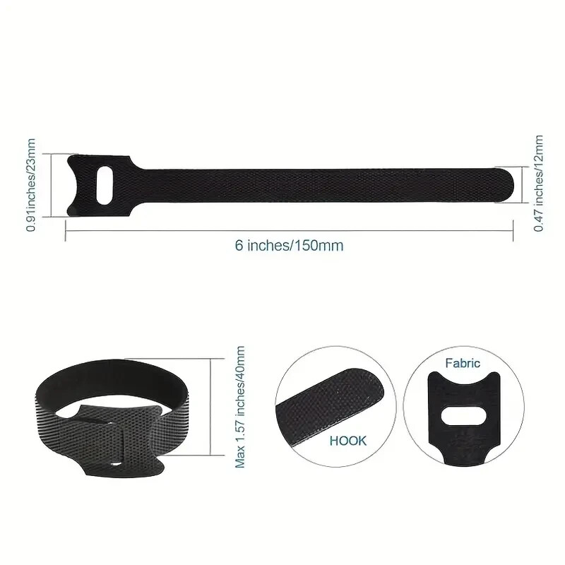 100 Cable Management Ties, Hook Loop Straps, Reusable Fastening Organizer