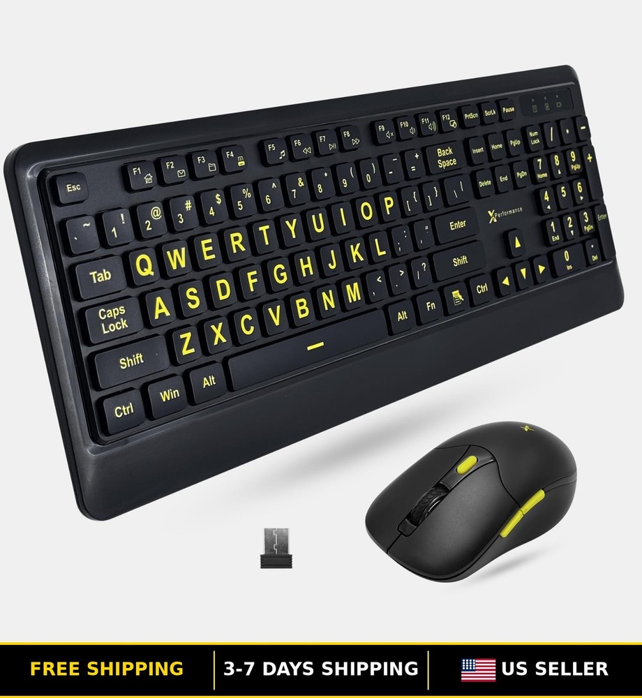 Large Print Wireless Keyboard & Mouse Combo - High Visibility Yellow Design