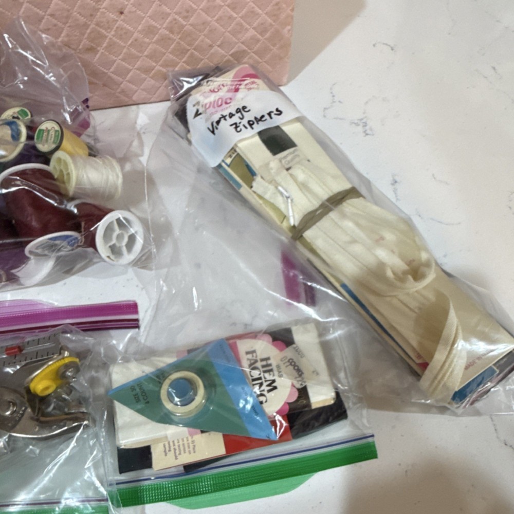 Vintage Assorted Sewing Supplies with Pink Box