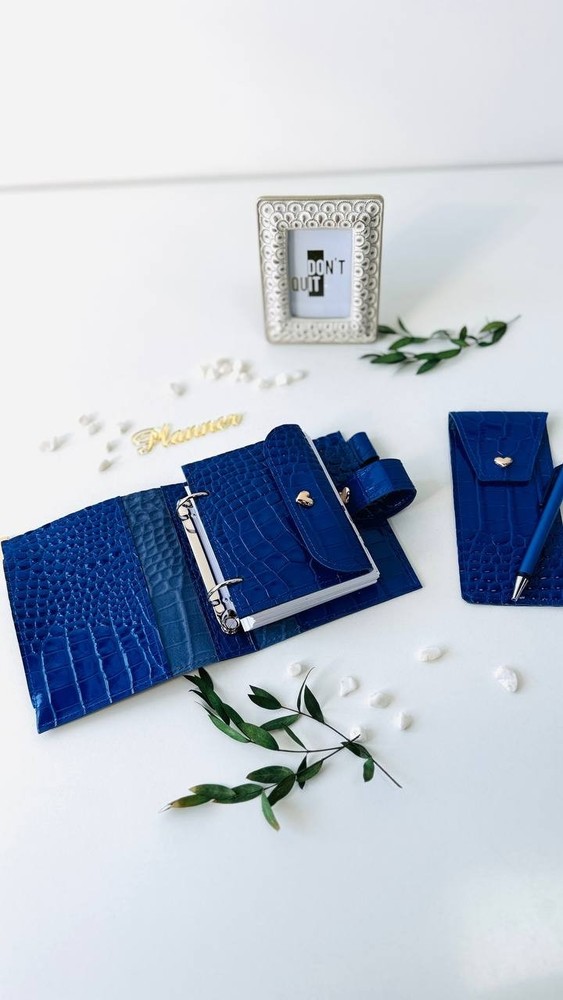 Blue handmade gift leather planner A7 & pencil/ glasses case