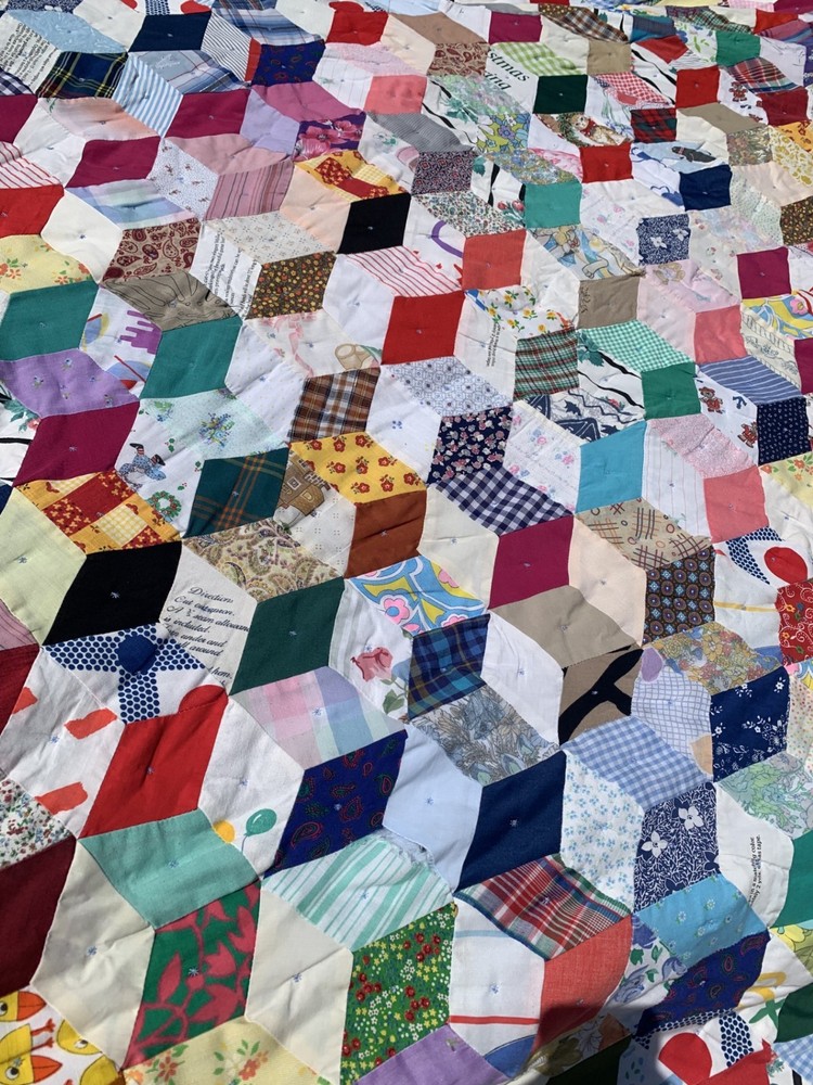 Handmade Tumbling Blocks Quilt 3D Effect Full Size READ