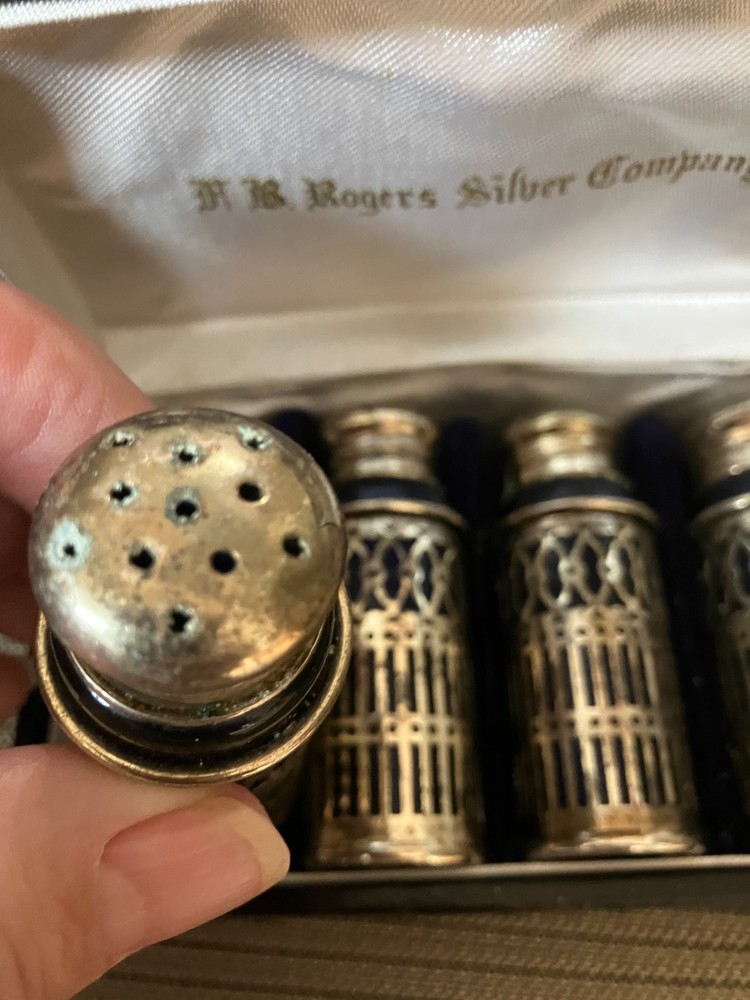 F B Rogers Silver Co Silverplate & Cobalt Blue Glass Salt & Pepper Shakers Japan