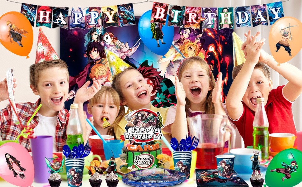 112 Pcs Anime Demon Slayer Party Decoration Demon Slayer Birthday Balloon Plates