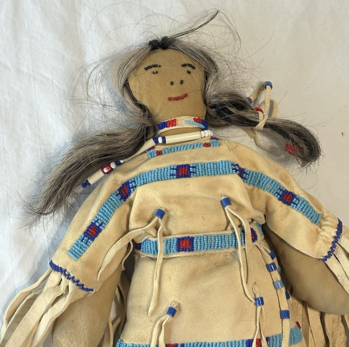 Vintage Native American Handmade Buckskin Beaded Doll 16"” Real Hair