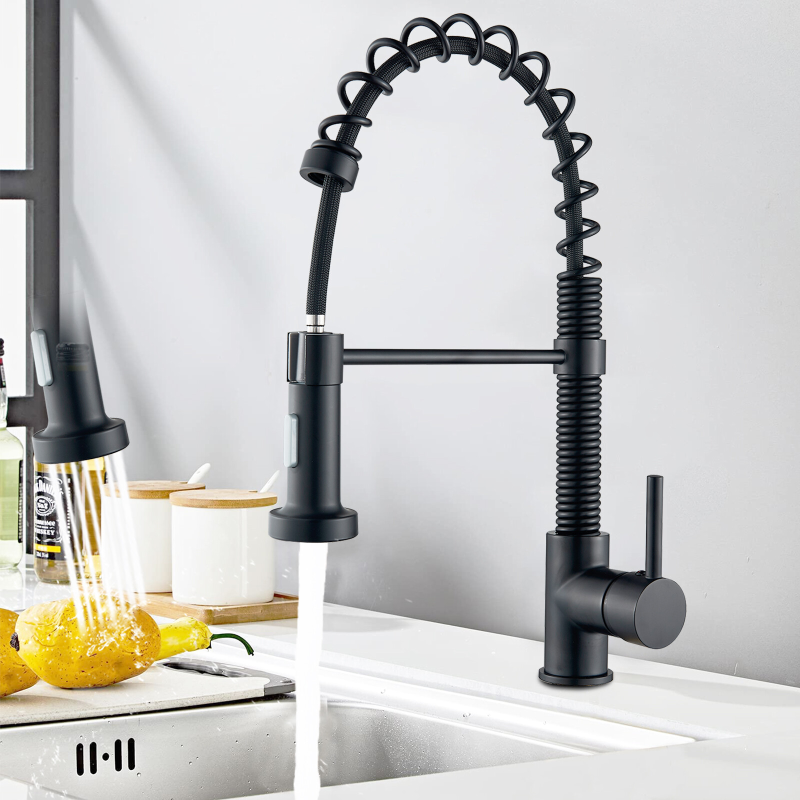 Matte Black Kitchen Faucet Sink Pull Down Sprayer Swivel Mixer Tap Single Handle