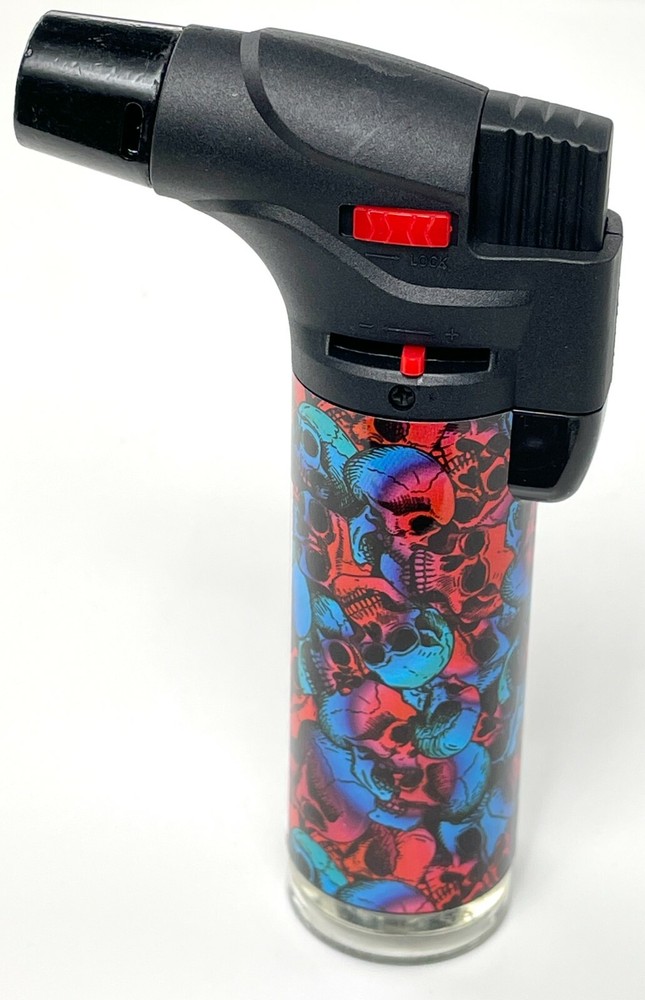 4 Pack Jumbo 4" Single Jet Flame Torch Gun Lighter Refillable Lockable Skull