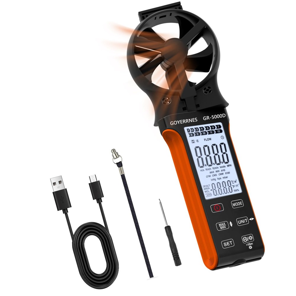 Air Flow & Wind Speed Meter, Handheld CFM Anemometer with Waterproof Touch Bu...