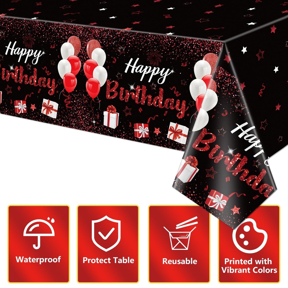 Plastic 4 Pack Black-Red Tablecloth, 51x87'' Rectangular Waterproof Disposabl...