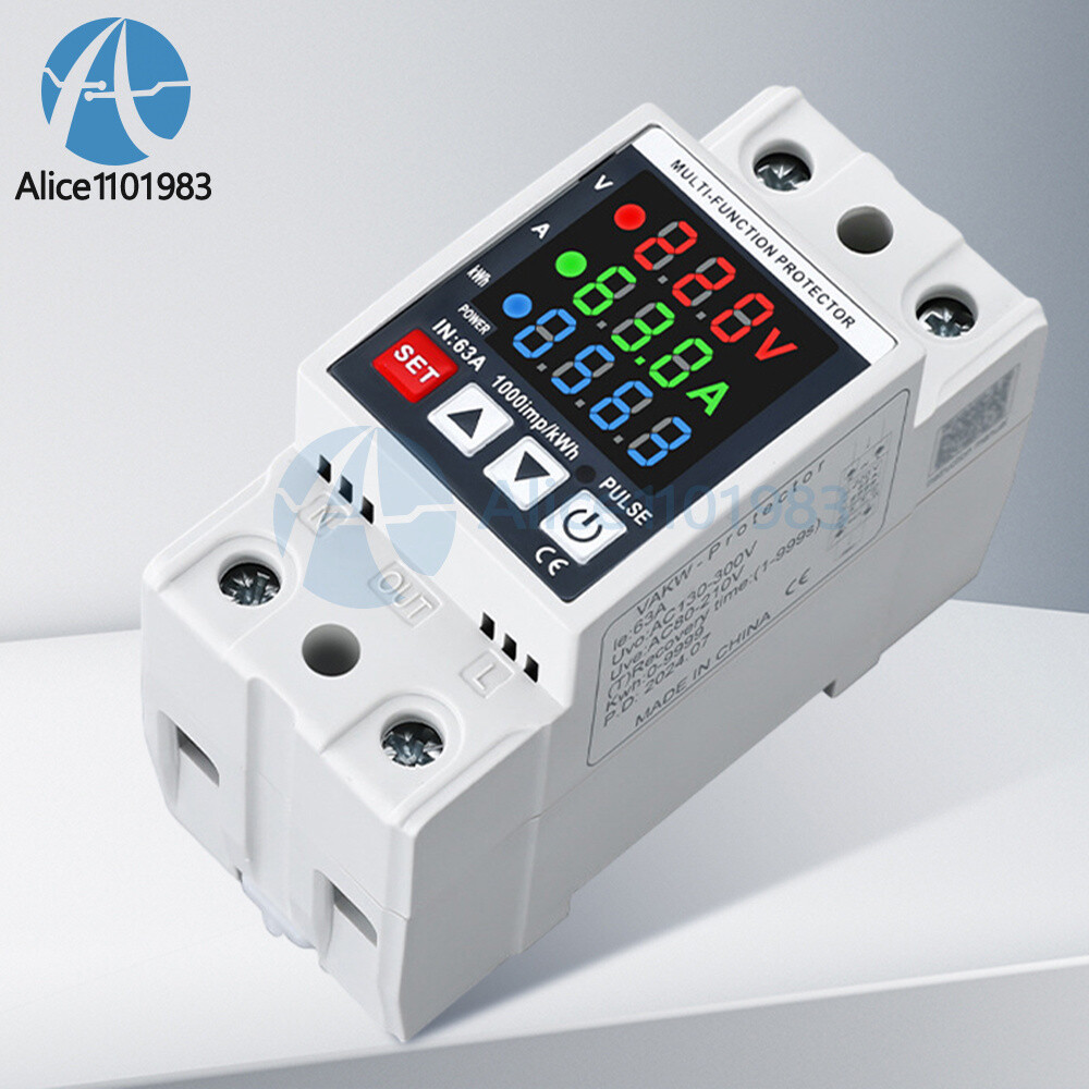 Voltage Current Power Meter 35mm Rail Overcurrent Undervoltage Protector 63A