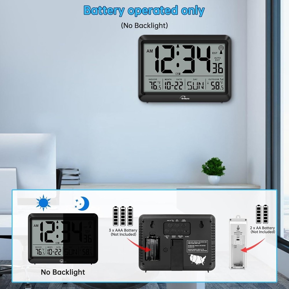 Modern Atomic Wall Clock - Self-Setting, Indoor Outdoor Temp