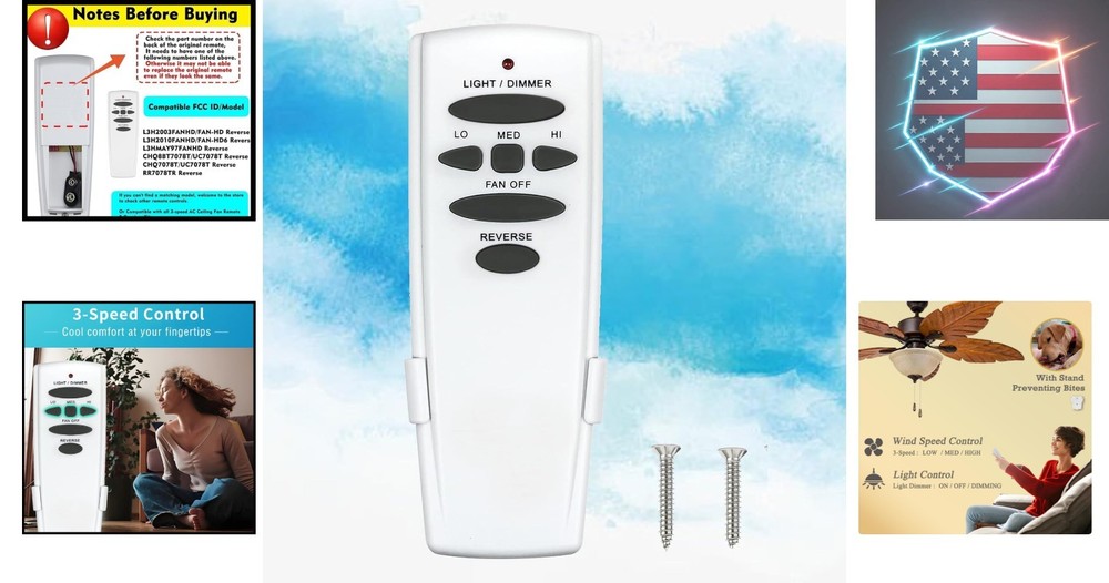 Ceiling Fan Remote Replacement - Reverse, 3-Speed & Light Dimmer for Hampton ...