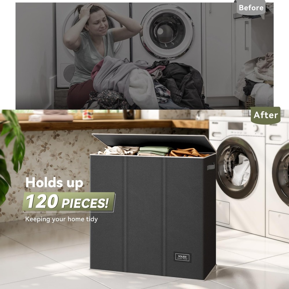 160L Laundry Hamper 3 Section Extra Large Lid Dirty Clothes Sturdy Handle