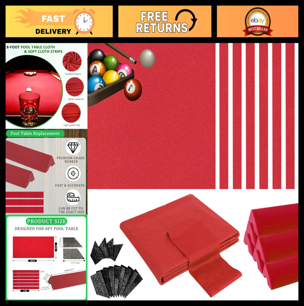 8ft Pool Table Felt & Bumper Kit - Professional Replacement, DIY Upgrade, 6 Clot