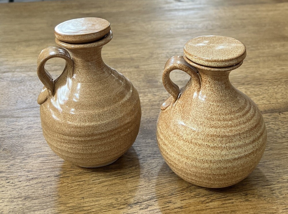 Art Pottery Mini Pitchers Glaze With Lids Rustic Decorations 2 Pcs.