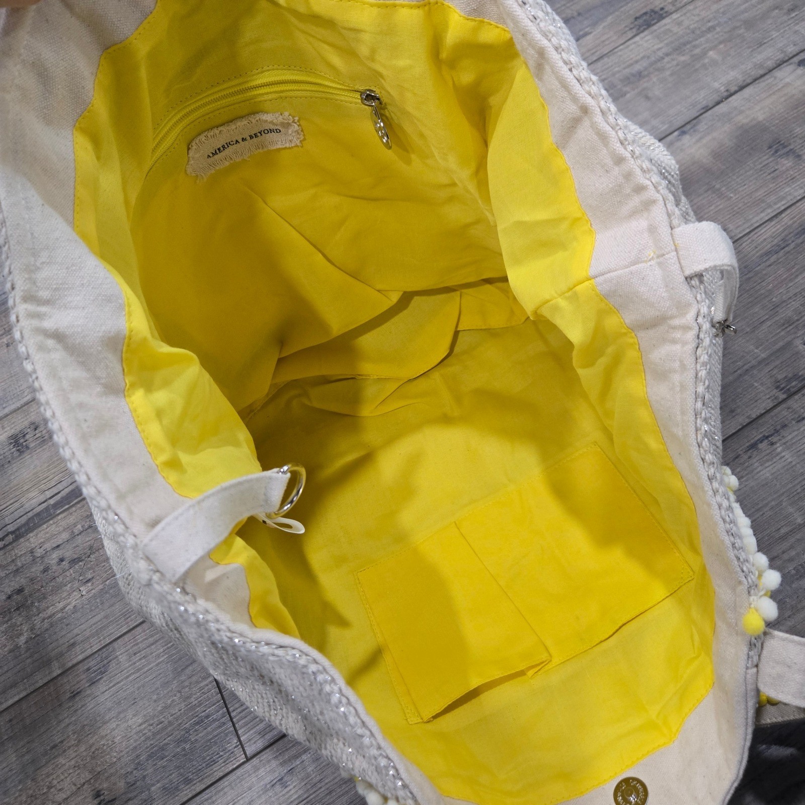 America & Beyond Beaded Lemon Tote Bag Silver Lurex Pom Pom Trim Yellow Lining