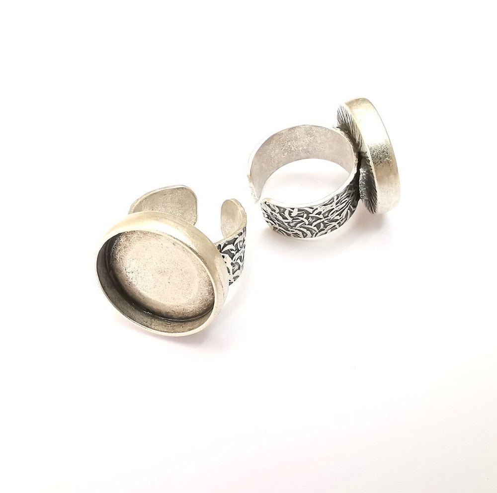 Round Antique Silver Ring Blank Setting, Cabochon Mounting Adjustable Resin Ring