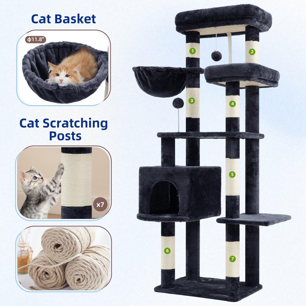 Indoor Cat Tree Tower with 7 Scratching Posts, Multi-Level Condo Play Area