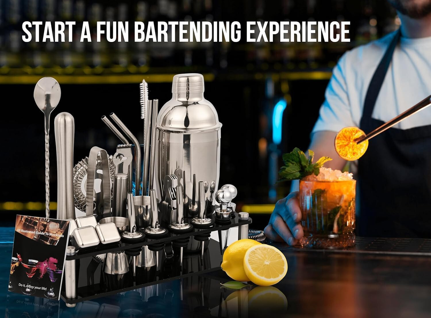 26 PC Bartender Kit Complete Cocktail Shaker Tool Set Stainless Steel with Stand