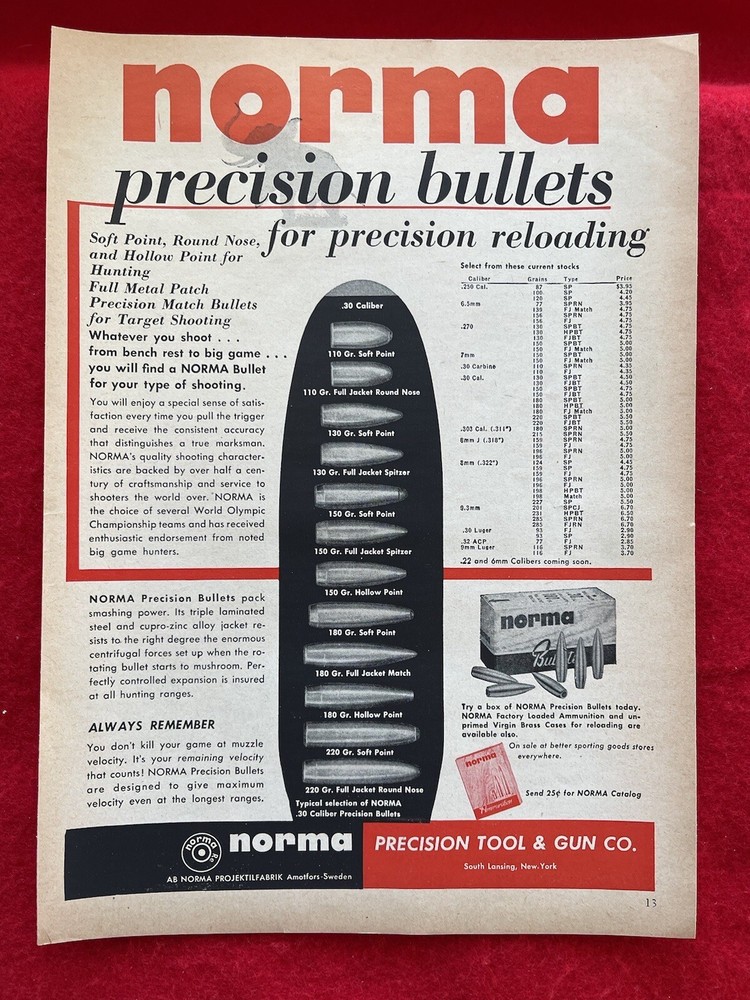 Vintage 1955 Print Ad Norma Precision Bullets Reloading Bullets Advertisement
