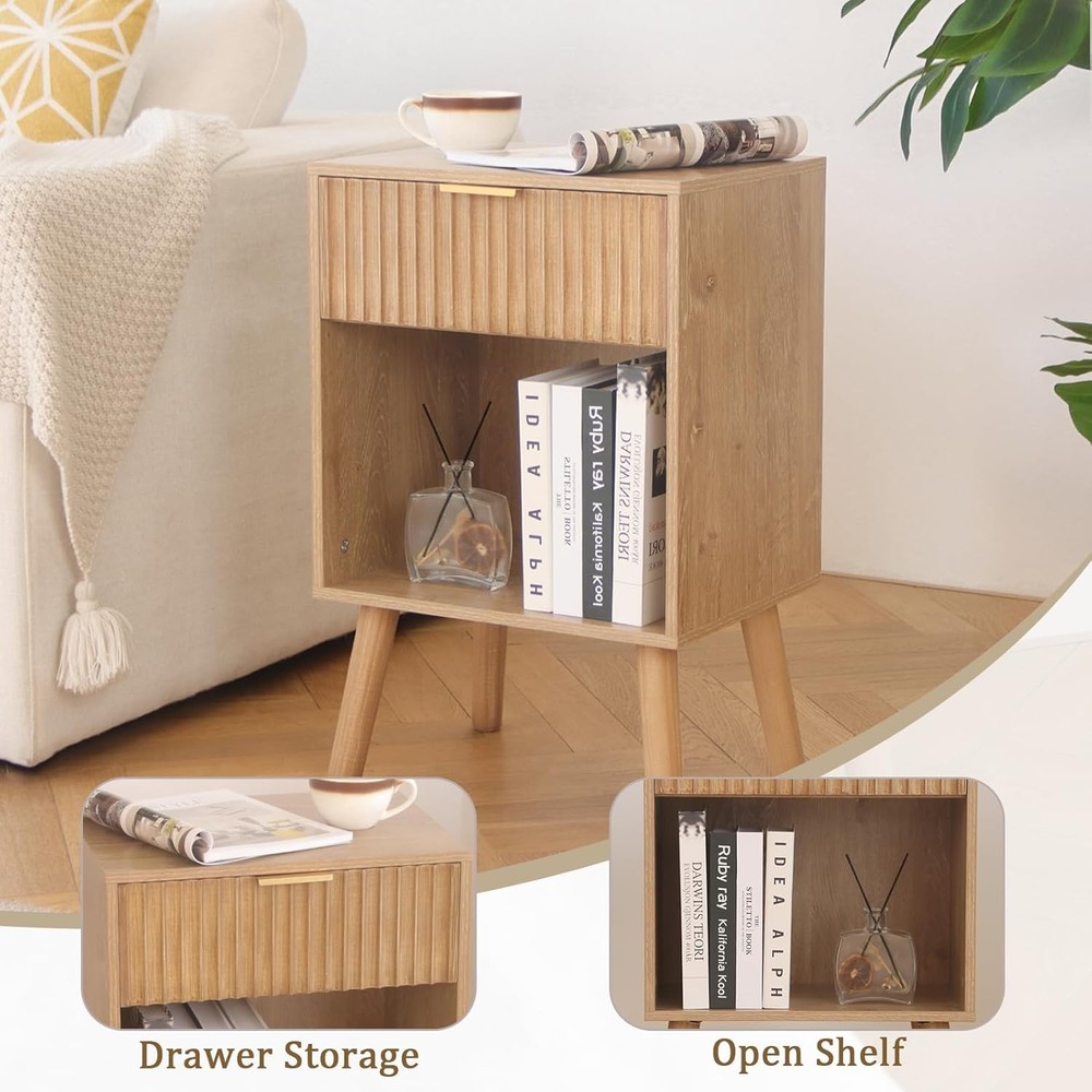 Wood Nightstand with Charging Station, Rustic Walnut With Station