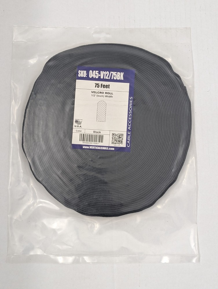 Vertical Cable 045-V12/75BK 75ft Hook and Loop Cable Tie Roll 1/2" Wide - 22.8m