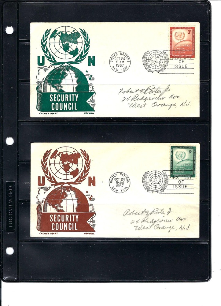 1957 SECURITY COUNCIL FDC's (6) (Scott# 55 & 56) - MIXED CACHETS (316A)