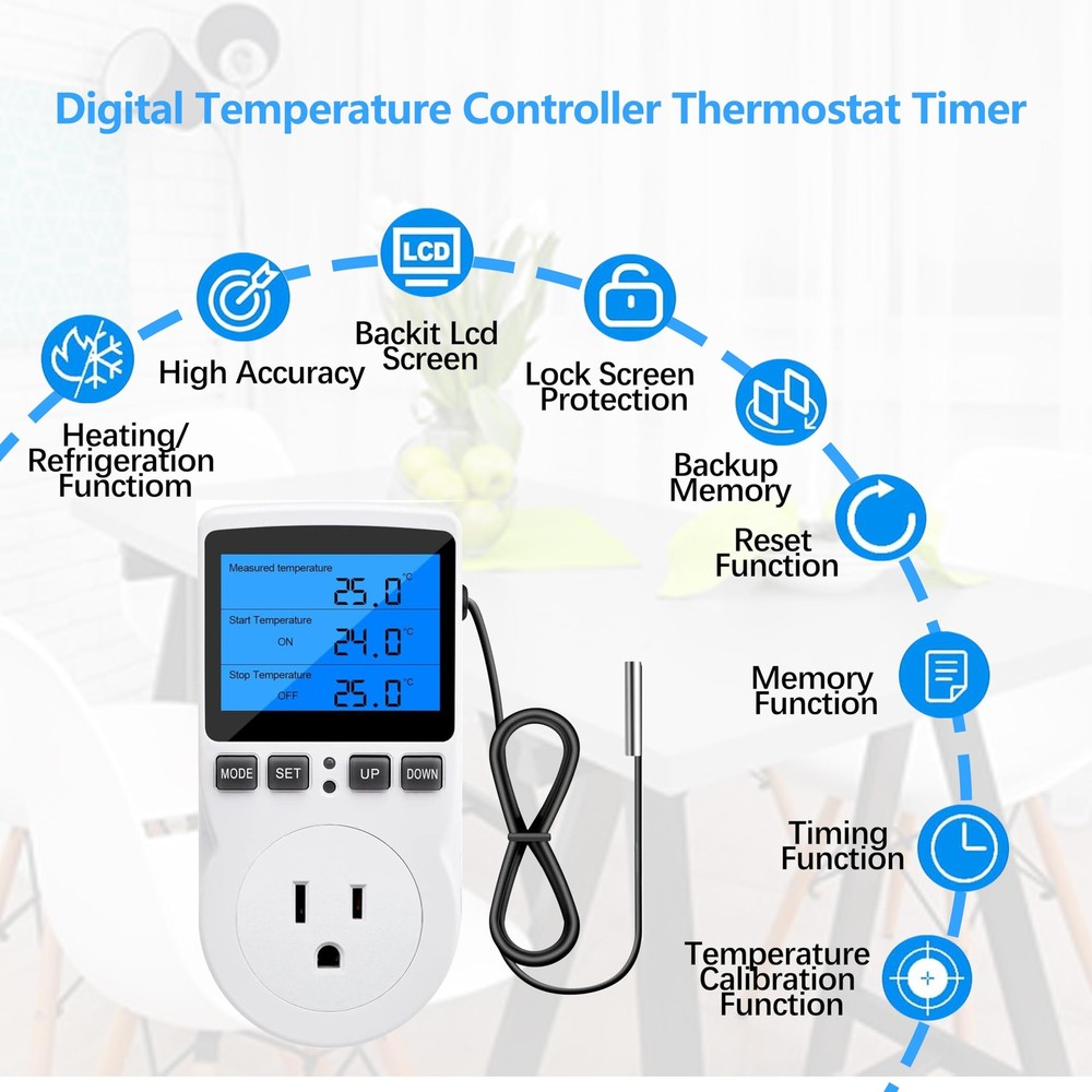 Digital Temperature Controller Outlet, 120V 15A Thermostat Socket with Heatin...