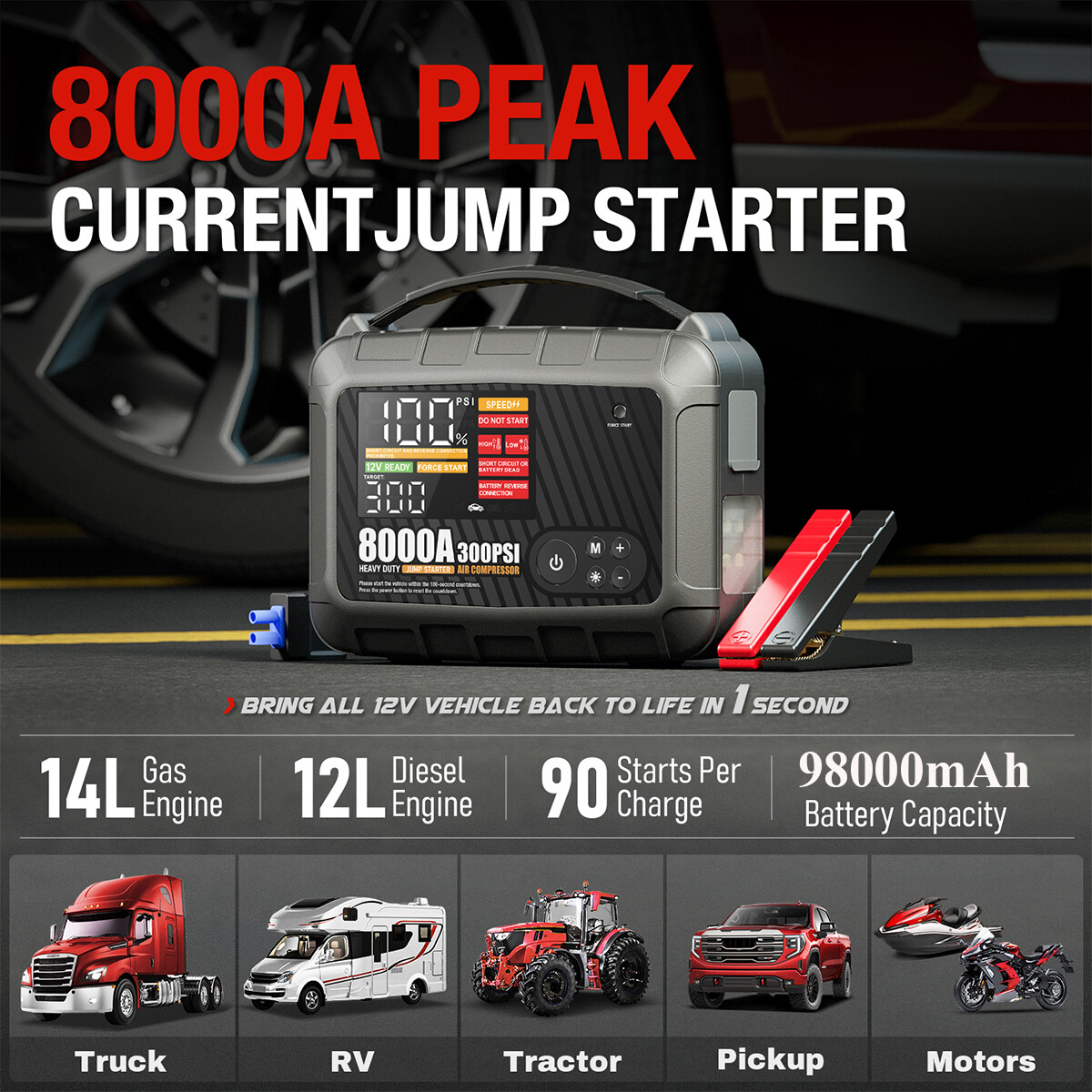 AdoreTrip 8000A Jump Starter +300PSI Air Compressor Battery Power Bank Emergency