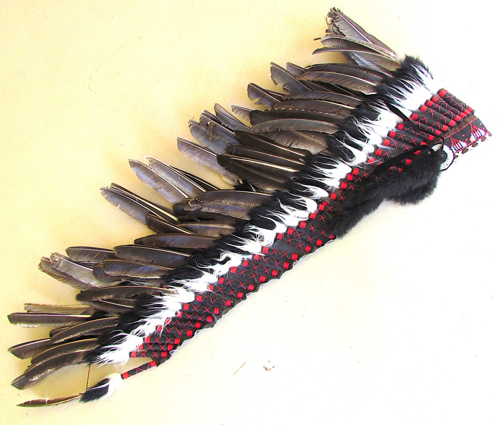 VINTAGE NATIVE AMERICAN FEATHERED & BEADED WARBONNET 34 INCHES LONG