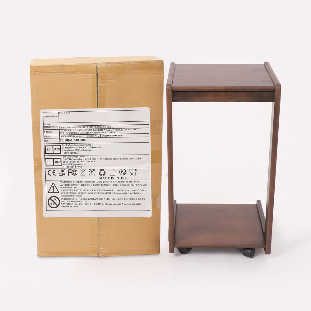 2-Tierd Solid Wood Bedside C-Shaped Side Table w/ Drawer & Lockable Wheels