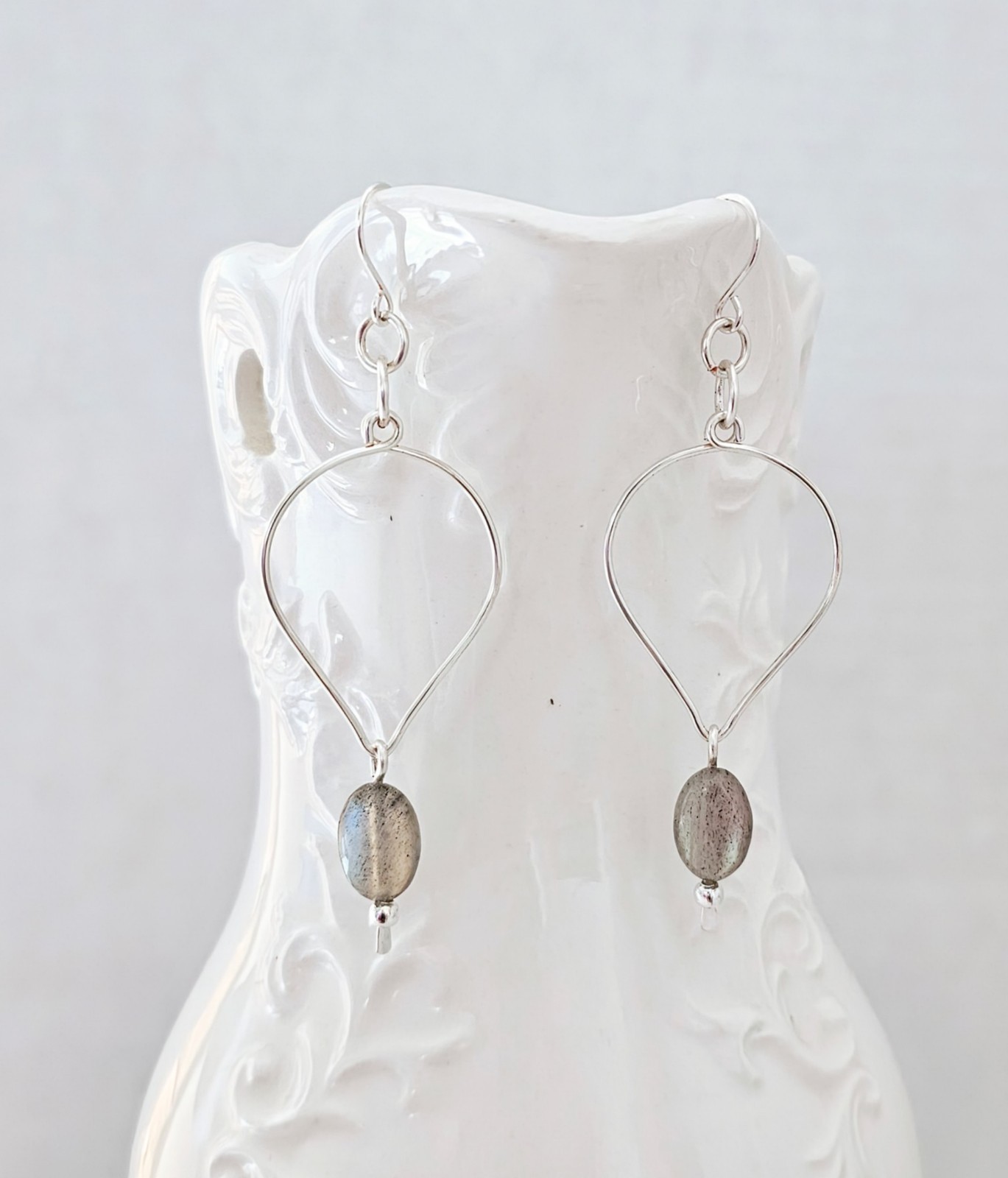 Handmade Silver Teardrop Hoop Dangle Boho Earrings with Labradorite Gemstones