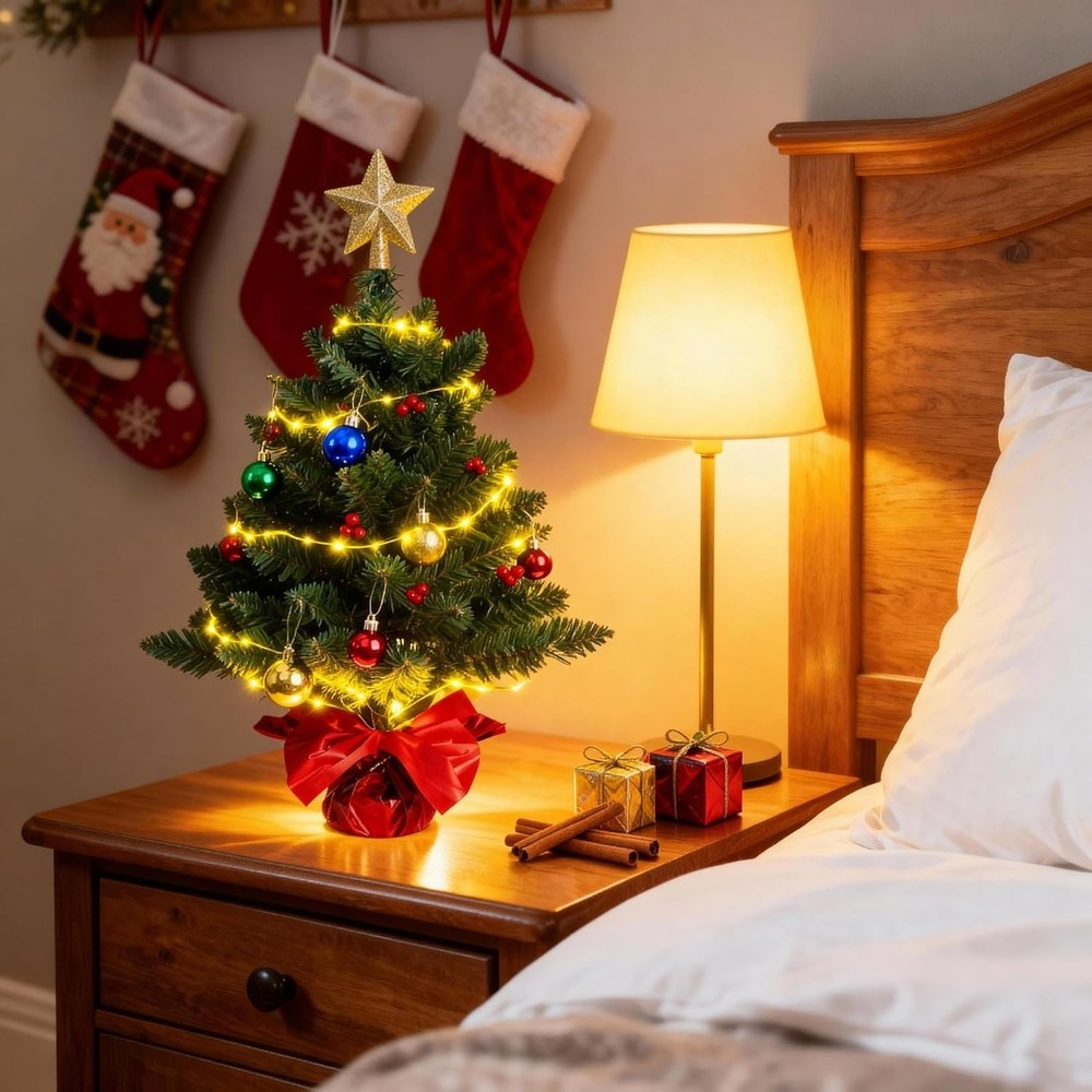 24 Inch Tabletop Christmas Tree, Artificial Mini Xmas Pine Tree with LED Stri...