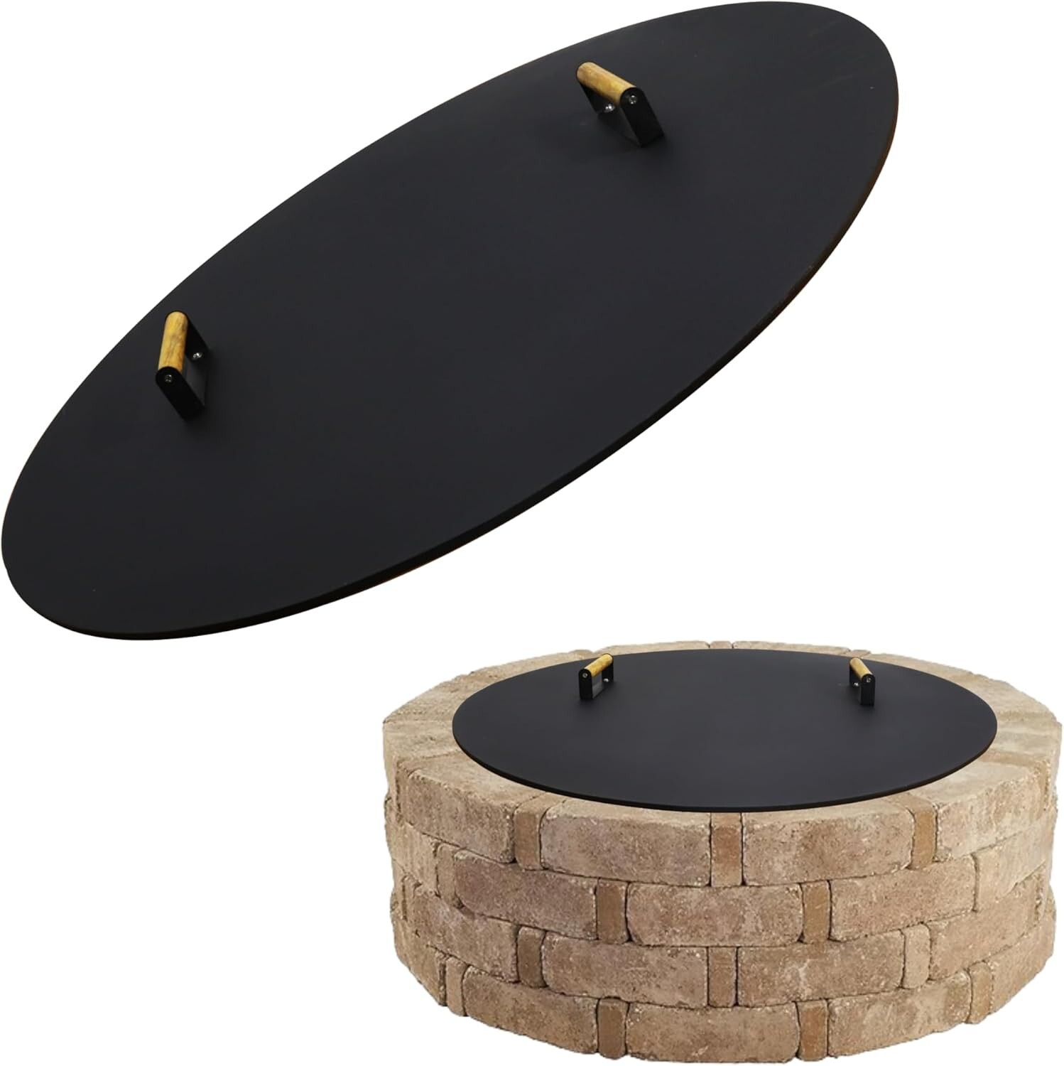 Round Fire Pit Lid - 38 inch fire pit lid Metal W/Wooden Handles Fit
